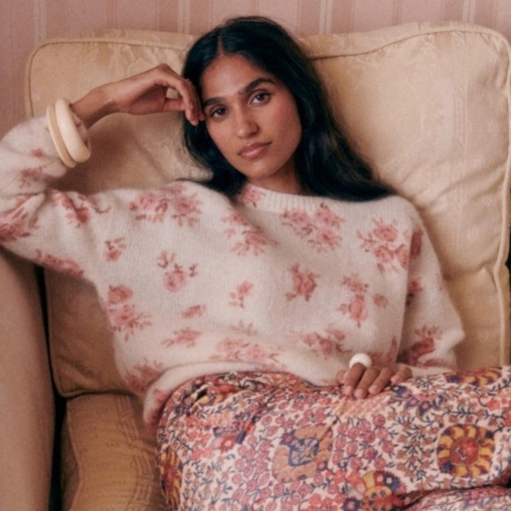 SÉZANE Eloisa Kid Mohair Pink Floral Cream Jumper Like New XXS